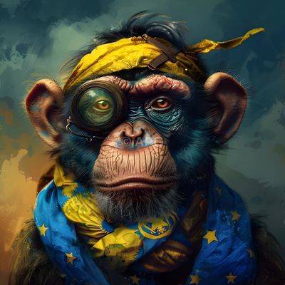 Steampunk-Affe mit Monokel und blau-gelbem Schal (KI-Kunst)